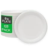 Paper Plates 9 Inch [125 Count], 100% Compostable Disposable Plates Heavy Duty, Made of Bagasse Biodegradable Eco-Friendly Paper Plates Bulk for Party, Wedding, Dinner, BBQ (White)