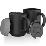 Coffee Mug Set w/Lid and Removable Silicone Base - 12 ounce Slideproof Coffee Cups w/Handle and Sip and Cover Lid - Set of 2 Dishwasher Safe Ceramic Travel Mugs - Reusable Black Insulated Cup