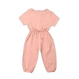 Mubineo Toddler Baby Girl Summer Fall Basic Plain Short Sleeve Cotton Linen Drawstring Romper Jumpsuit (Peach Pink, 3-4T)