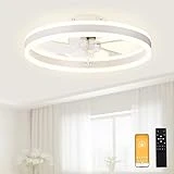 VOLISUN Low Profile Ceiling Fans with Light and Remote, 19.7in Modern Fandelier Ceiling Fan Light, 3000K-6500K Dimmable Flush Mount LED Fan Light, White Fandelier Ceiling Fans with Lights for Bedroom