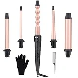 5 in 1 Curling Wand Set - EMOCCI PRO Hair Waver Iron Curler with 5 Interchangeable Ceramic Tourmaline Barrels Heat Resistant Glove Dual Voltage for All Curly and Wavy Hairstyle