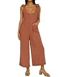 ZESICA Women's Summer Loose Sleeveless Jumpsuits Linen Adjustable Straps Oversized Wide Leg Long Overall Rompers with Pockets,Rust,Medium