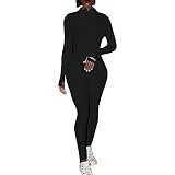 ECHOINE Womens One Piece Bodycon Jumpsuit -Sexy Long Sleeve High Waist Embroidery Zipper Romper Clubwear Black