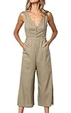 ECOWISH Womens Jumpsuits Casual Button Deep V Neck Sleeveless High Waist Wide Leg Jumpsuit Rompers with Pockets 103 Khaki Medium