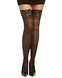 Dreamgirl Women's Sheer Thigh High Pantyhose, Hosiery, Nylons, Stockings with Comfort Lace Top Anti-Slip Silicone Elastic Band, Black, One Size