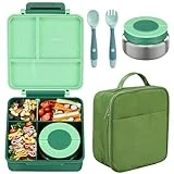 Bento Lunch Box Set for Kids with 8oz Soup Thermo, Leak-Proof Lunch Containers with 4 Compartment, Kids Thermo Hot Food Jar and Insulated Lunch Bag for Kids to School-Green