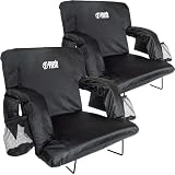 BRAWNTIDE Wide Stadium Seat For Bleachers - 2 Pack, Chair With Back Support, Comfy Cushion, Thick Padding, 2 Steel Bleacher Hooks, 4 Pockets, Ideal For Sport Events, Beaches (Black, Wide Size)