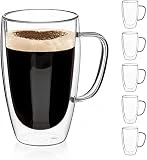 COMOOO Double Walled Glass Coffee Mugs Glass Mug With Handles Double Wall Cappuccino Cups, 16oz Of Set 6 Coffee tea Mugs, Clear Glasses With Handle