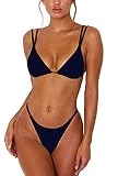 Women's Sexy Micro Thong Bikini Bottom Padded Top Triangle Bikini Bathing Suit(S, Black)