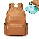 MOMINSIDE Diaper Bag Backpack, Leather Backpack Fit Most Breast Pumps, Breast Pump Bag Mommy Bag for Mom, with 13 Inch Laptop Sleeve, 2 Insulated Pockets, Bottom Compartment, Brown