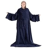 Touchat Wearable Fleece Blanket with Sleeves, Functional Wearable Throw blanket with Pocket for Adult, Super Soft Warm Plush Wrap Snuggies, Gift for Women Mom Wife (NavyBlue)
