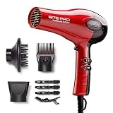KISS 1875 Watt Pro Tourmaline Ceramic Hair Dryer, 3 Heat Settings, 2 Speed Slide Switch, Cool Shot Button, 2 Detangler Combs, 1 Concentrator, 1 Diffuser, Removable Filter Cap & 4 Sectioning Clips Red