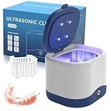 Ultrasonic Cleaner for Dentures with U-V Light, Retainer, Mouth Guard, Aligner, Toothbrush Head, 45kHz 30W Ultrasonic Jewelry Cleaner, 230ML Portable Ultrasonic at-Home or Travel Use (Blue White)
