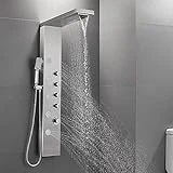 ROVATE Rainfall Waterfall Shower Tower Panel System, Stainless Steel Bathroom Shower Panel Tower with 5 Body Sprays and 3 Sets Handheld Shower, Shower Column Wall Mount, Delicate Brushed Finish