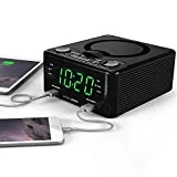 HANNLOMAX HX-300CD Top Loading CD Player, PLL FM Radio, Digital Clock, Dual Alarm, 1.2' Green LED Display, Dual USB Ports for 1A and 2.1A Charging, Aux-in, AC/DC Adapter Included (Black)
