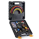 4 Way AC Gauge Set, AC Manifold Gauge Set for R410a R22 R134a Refrigerant, 4 Valve Automotive AC Gauges with 5ft Hoses, R410a Adapters, Can Tap