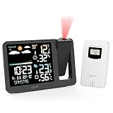uzoli Projection Alarm Clock Weather Station, WWVB Atomic Projector Clock with Sensor, Adjustable Backlight, Indoor Outdoor Temperature Humidity, Digital Projection Clock for Bedroom Ceiling