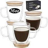 Double Wall Glass Coffee Mugs - 16 Oz Clear Coffee Mug Set of 4 Double Insulated Glass Coffee Mug With Lid Borosilicate Glass Cups Cappuccino Latte Espresso Tea Cups Dishwasher & Microwave Safe