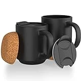 Ceramic Coffee Mug w/Lid and Cork Coaster Base - 12oz Slideproof Coffee Cups w/Handle and Sip and Cover Lid - Set of 2 Dishwasher Safe Ceramic Travel Mugs - Reusable Black Insulated Cup