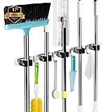AceMining 5 Racks and 4 Hooks Mop and Broom Holder Wall Mount, Broom Organizer Storage Tool Racks Stainless Steel Heavy Duty Hooks Self Adhesive Solid Non-Slip for Home Kitchen Garden Laundry Garage