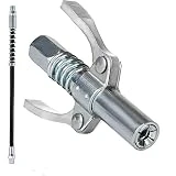 SUPRBIRD Grease Gun Coupler, Quick Release Double Handles Grease Gun Tip with 12' Spring Flex Hose, 12000 PSI High Pressure Grease Fittings, Compatible with All Grease Guns 1/8' NPT Fittings