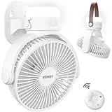 HonHey Portable Wall Mount Fan, 4000 mAh Oscillating Battery Operated Fan with Remote and LED Light, 3 Speeds, 4-10 Working Hours Timer Function, 7 Inch Outdoor Ceiling Fan for Garage Bedroom Gym RV