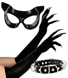 OLYPHAN Black Cat Mask Costume Accessories Cat Woman Costume for Women Halloween Masquerade Mask Adult, Spider Lace Gloves & Faux Leather Choker Necklace 3PC