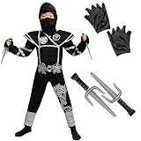 Spooktacular Creations Kids Silver Ninja Costume, Child Unisex Ninja Costume for Halloween Dress Up Party, Ninja Role Playing (Small (5-7 yr))