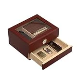 Mojgar Handcrafted Cigar Humidor with Humidifiers,Divider,Digital Hygrometer and Drawers,Storage 25-50 Counts,Glass Top Wooden Small Case for Table and Counter,Gifts for Men,Father and Husband