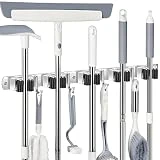 romise Mop Broom Holder Wall Mount, Laundry Broom Holder Organizer Storage Tool Wall Hanging with 5 Racks 4 Hooks, Stainless Steel Heavy Duty Garage Self Adhesive Tool Hanger for Home Garden Kitchen