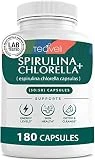 Organic Spirulina and Chlorella Capsules – 180 Chlorophyll Pills, Blue Green Algae Powder Capsules to Support Detox, Mitochondria & Energy– 3X More Chlorella Spirulina Powder/Serving