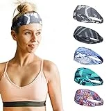 Sukeen Sweat Bands Headband, Cooling Sweatbands for Women, Sweat Wicking Wide Printed Headbands, Sports Workout Wide Sweat Band for Yoga, Golf, Gym, Camping, Running, Unisex Non-Slip Hairband (5 Pack)