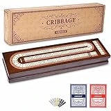 AMEROUS Wooden Cribbage Board Game Set with Magnetic Lock - Metal Pegs - 2 Playing Cards - Continuous 3 Track Board - Larger Storage Area - Instructions, Travel Portable Cribbage Game Sets for Family