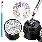 Modelones Rhinestone Glue for Nail, No Wipe Nail Gem Glue, Super Strong Adhesive Glue Gel with Nail Charms & Dual-Use Nail Brush for Nail Rhinestones/Nail Jewelry/Nail Diamonds, 4 Piece Set