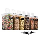 6 Pack Airtight Cereal & Dry Pet Food Storage Container - BPA Free Plastic Kitchen and Pantry Organization Canisters for, Flour, Sugar, Rice, Nuts, Snacks & More (135.5 Oz) Labels & Chalk Marker