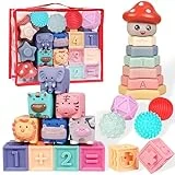 Doviden Baby Toys Blocks for Toddler - 3 in 1 Montessori Toy for Babies 6-12 Months, Soft Teething Toys Stacking Building for Infant Boy Girl Silicone Animal Sensory Learning Activity, 23 PCS