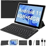 10.1 Inch Android 11 Tablet, Newest 2 in 1 Tablets, 4GB RAM+64GB ROM Quad-Core Processor, 1280*800 FHD Tableta with Keyboard/Mouse/Case/Stylus/Tempered Film, 8MP Dual Camera 6000mAh Battery 10' Tab PC