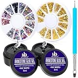 Nail Art 8ml×2 NO WIPE Rhinestone Glue Gel Adhesive Resin Gem Bead Stone Jewelry Diamond Gel Nail Polish Clear Decoration With Nail Rhinestones(Acrylic+Rivet)＆Dual-Use Pen Tool (LED Light Cure Needed)
