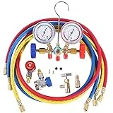 JIFETOR 3 Way AC Manifold Gauge Set, HVAC Diagnostic Charging Tool for Auto Household R404A R134A Refrigerant, with 5FT Hose, Adjustable Quick Coupler, Can Tap and Adapter