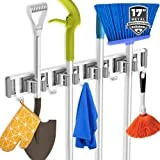 reliahom Broom Holder Mop Hanger Wall Mount Metal Organization Garage Storage System Garden Kitchen Tool Organizer (4 Racks with 5 Hooks, Silver)…