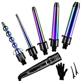 5 in 1 Curling Iron Wand Set: Ohuhu Curling Wand 5Pcs 0.35 to 1.25 Inch Interchangeable Ceramic Barrel with Heat Protective Glove 2 Clips Dual Voltage Hair Curler for Women Christmas Gift Rainbow