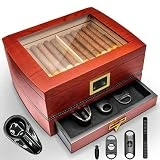 Spanish Cedar Cigar Humidor Case, Ann Bully Cigar Humidor Box with Drawer for Accessories, Wooden Cigar Humidor with Digital Hygrometer, Cutters Punch Set- Can Holds 25-50 Cigars