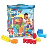 MEGA BLOKS Fisher-Price Toddler Block Toys, Big Building Bag with 80 Pieces and Storage Bag, Blue, Gift Ideas for Kids Age 1+ Years