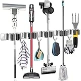 Tskcos Mop and Broom Holder Wall Mount Heavy Duty, Sturdy Stainless Steel Broom Garden Garage Tool Organizer, Metal Mop Broom Wall Hanger Storage Rack for Home Organization (5 Racks 4 Hooks)