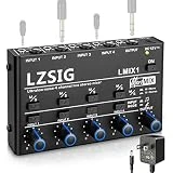 LZSIG Mini Audio Mixer,Stereo Line Mixer for Sub-Mixing,Ultra Low-Noise,4-Channel,Microphone Independent Control, 1/4' & 1/8' TRS Output and Input, for Guitars,Bass,Keyboards or Stage Mixer Extension