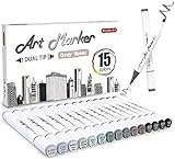 Shuttle Art 15 Colors Grey Tones Dual Tip Art Marker, Permanent Marker Pens Double Ended with Fine Bullet and Chisel Point Tips Perfect for Drawing,Shading,Sketching,Designing,Outlining,Illustrating