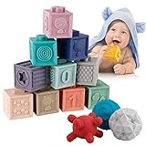 BOBXIN 15 PCS Baby Blocks Toys Soft Stacking Blocks Baby Sensory Ball Teether Infant Bath Toys Squeeze Play with Numbers Shapes Animals Fruit and Textures Toy for Babies Toddlers 6 Months