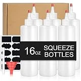 Squeeze Bottles, 16 OZ Plastic Sauce Squeeze Bottle Set with Labels & Silicone Funnels for Liquids and Paint, Reusable, Translucent-6 Pack, Christmas Use