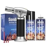 Sondiko Butane Torch and Fuel Refill, S400 with 175 ml Gas Included. Kitchen Torch Lighter Blow Torch with butane refill for BBQ, Creme Brulee, Baking, Including 2 Butane Canisters.