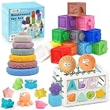 ADFO 5 in 1 Baby Toys 6to12-18 Months, 43PCS Montessori Toys for 1 2 3 Year Old, Include Soft Stacking Blocks & Color Shape Sensory Toys & Teething Bath Toys for Infants